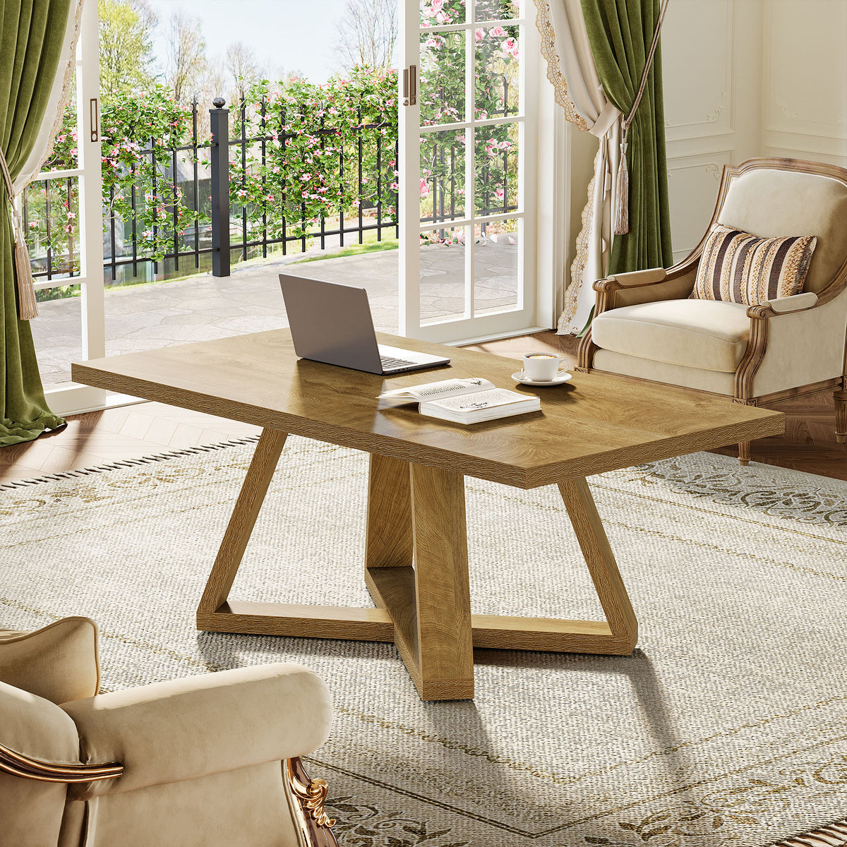 120cm Rectangle Coffee Table, Farmhouse Wooden Accent Table for Small Spaces