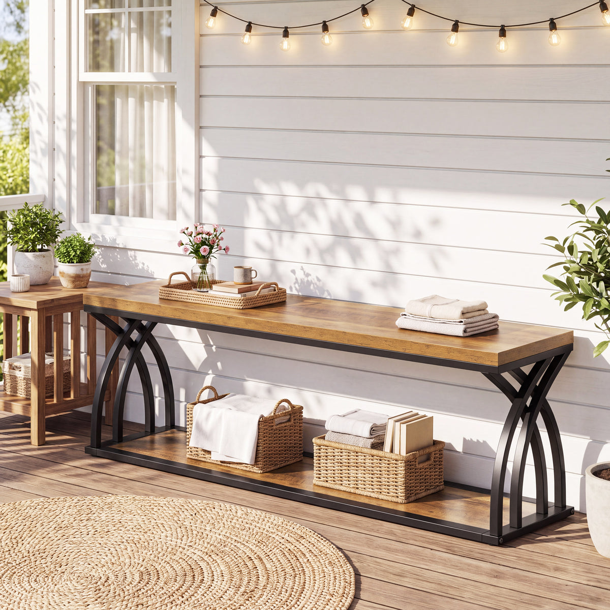 140cm Industrial Storage Bench with Shoe Rack, 2-Tier Entryway Bench for Hallway & End of Bed