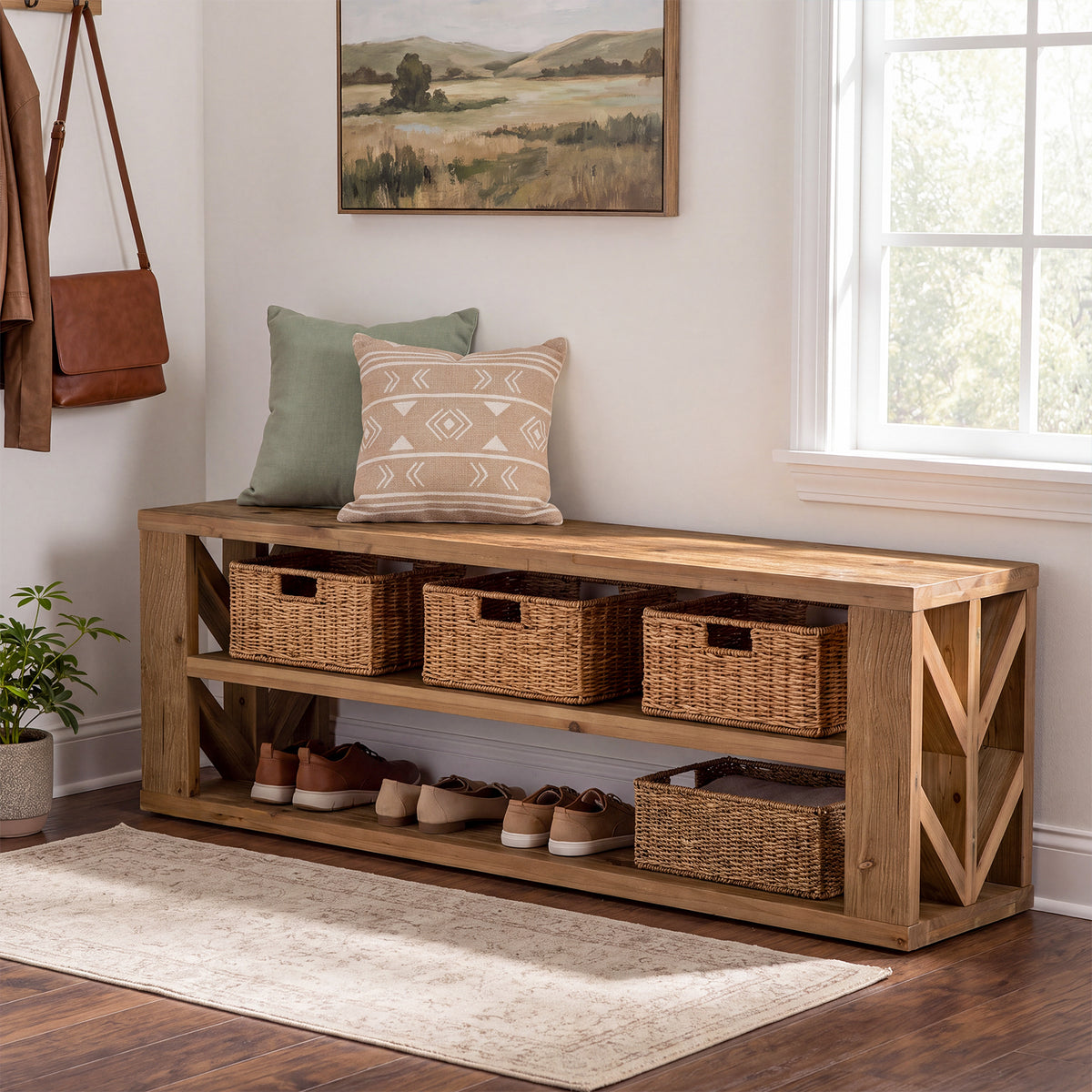 120cm TV Stand, 3-Tier Solid Wood Media Console with Open Shelf