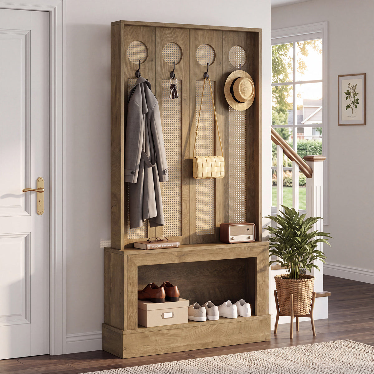 177cm Wall Room Divider, Rattan Partition with LED Light, Shelves & 4 Hooks for Living Room