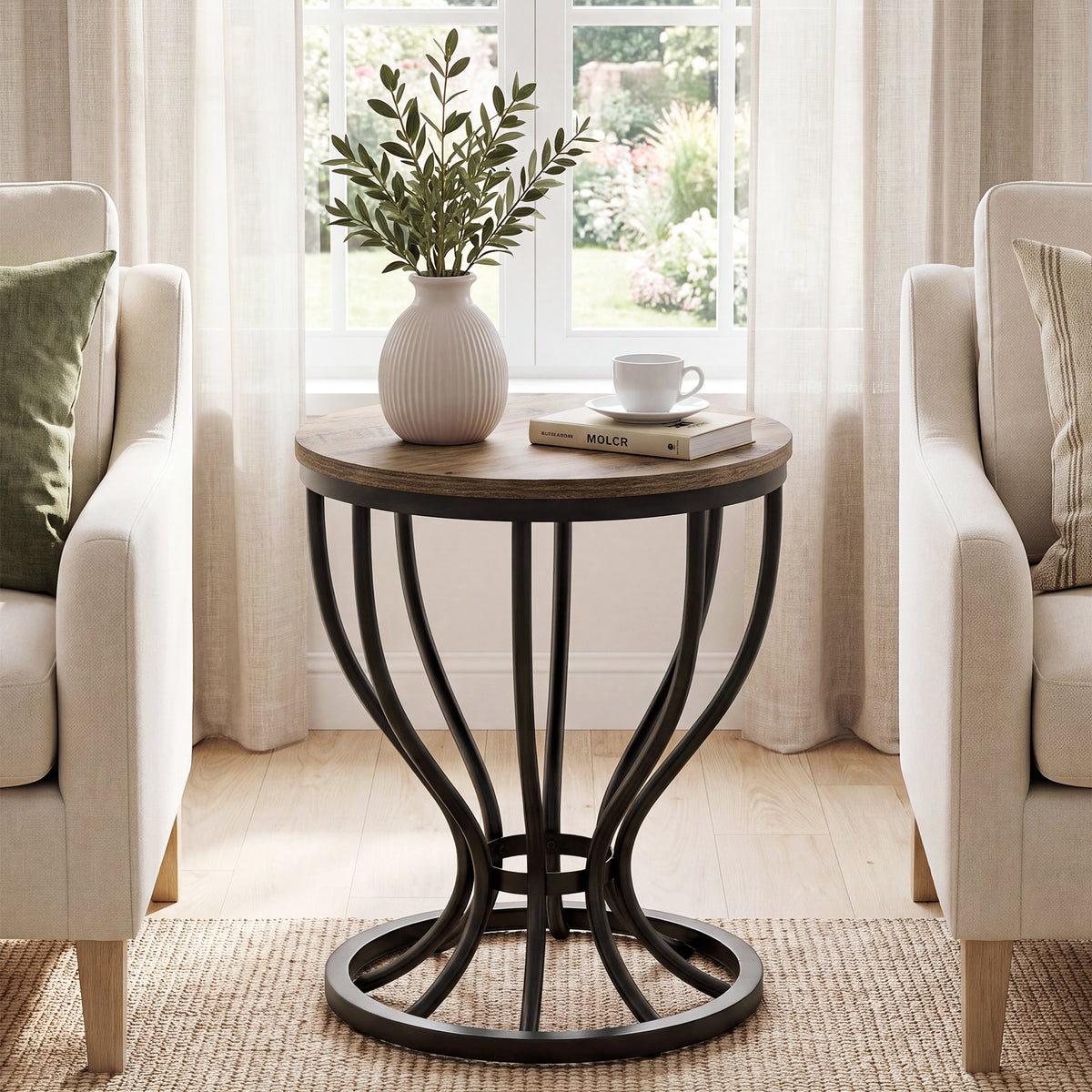 50cm Round Side Table, Industrial End Table with Curved Metal Frame