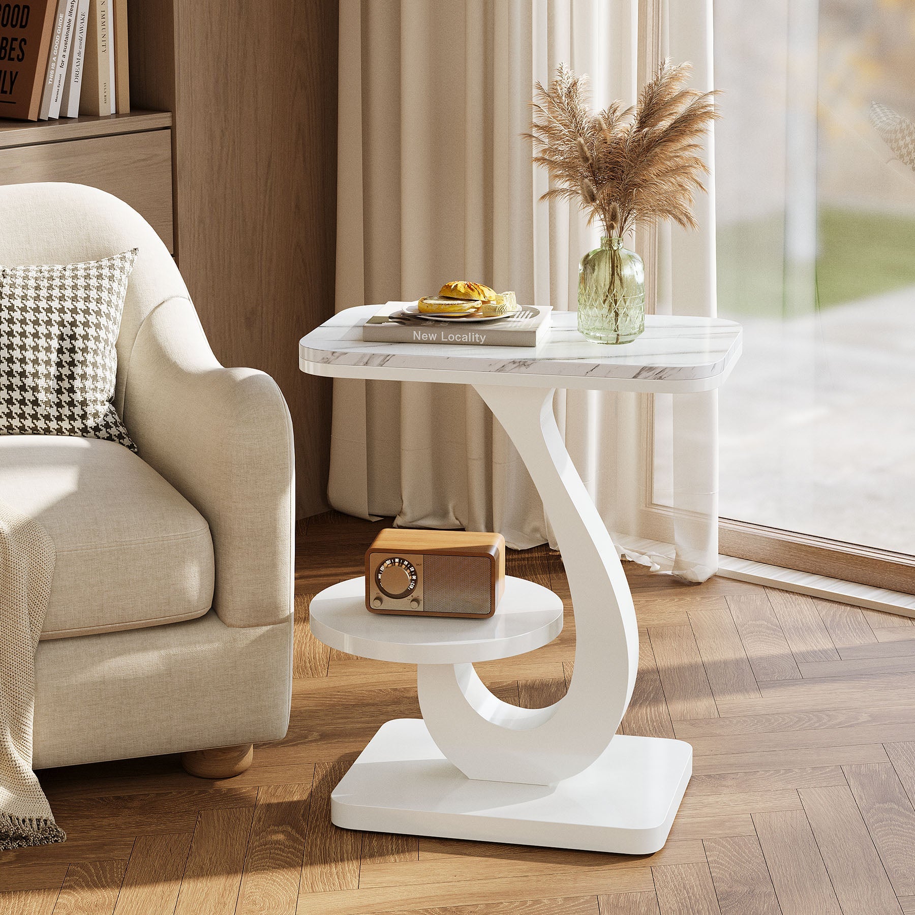 23.62" C-Shaped End Table with Faux Marble Top, Modern 2-Tier Side Table for Sofa and Bed
