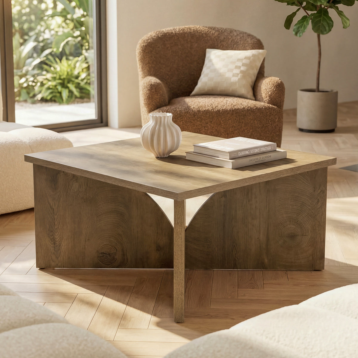 80cm Square Coffee Table, Rustic Wooden Living Room Table with Sturdy Base