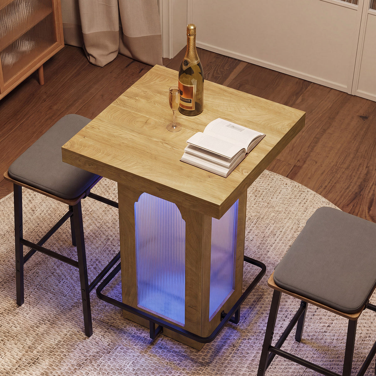 100cm Bar Table, Square High Top with RGB Light & Metal Footrest for Kitchen Home Bar
