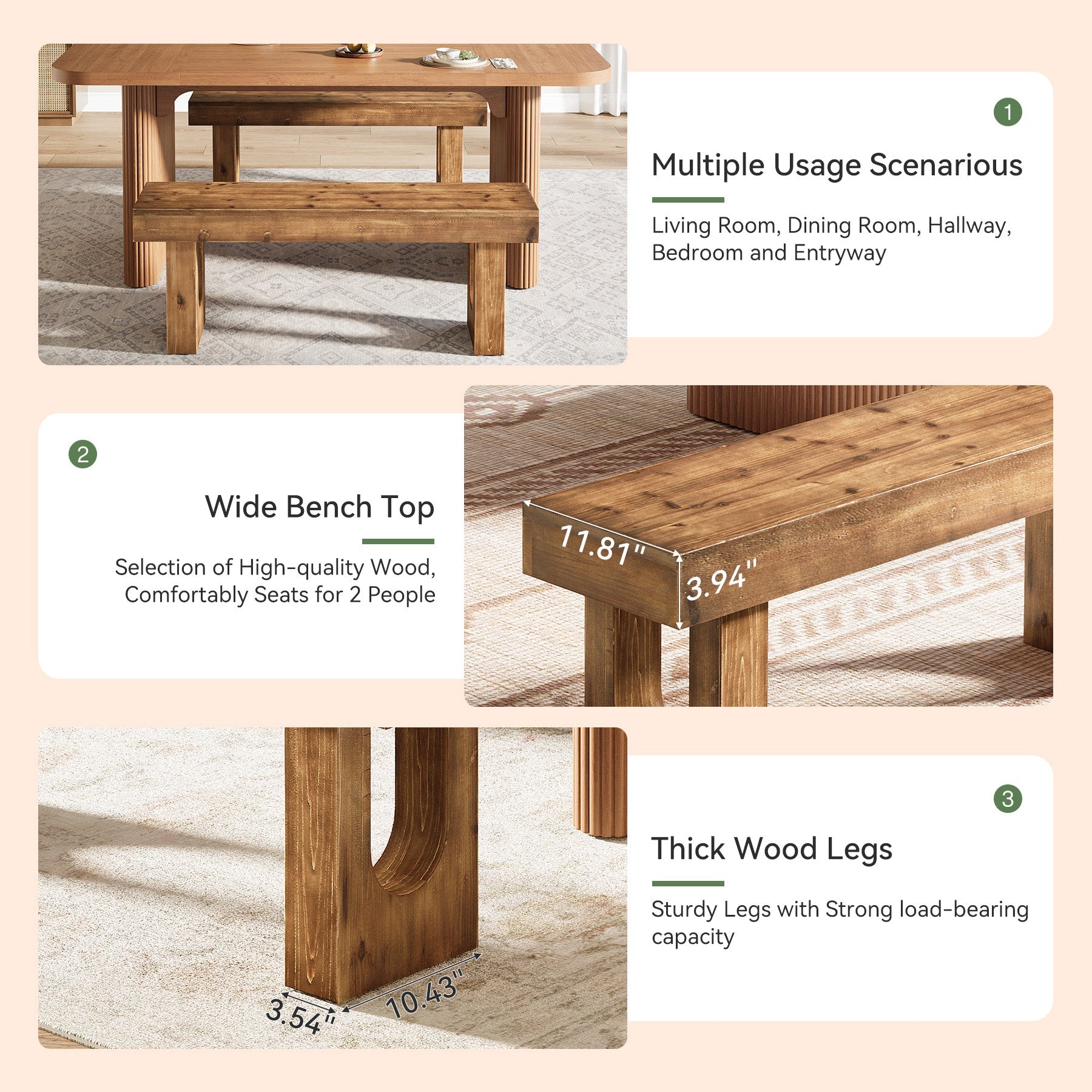 47" Wood Dining Bench, Farmhouse Kitchen Table Bench with Sturdy Legs (Only Bench)