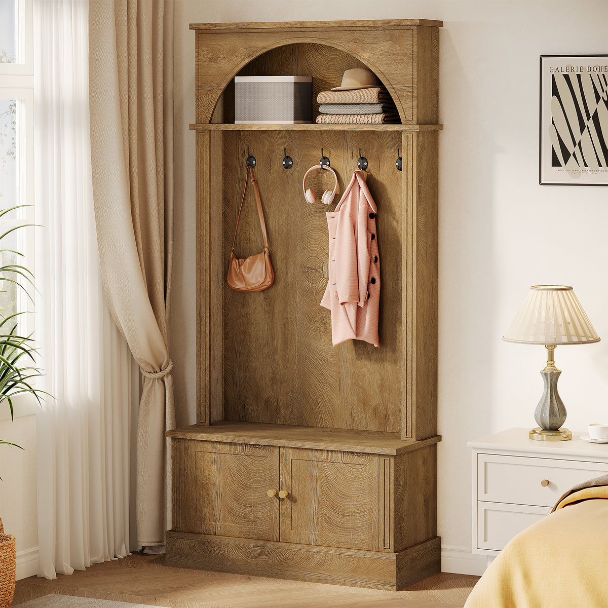 180cm Hall Tree, 4-in-1 Entryway Coat Rack with Shoe Bench & Storage Cabinet