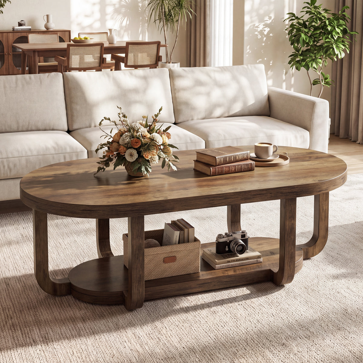 140cm Oval Coffee Table, 2-Tier Storage with Curved Leg Design for Living Room