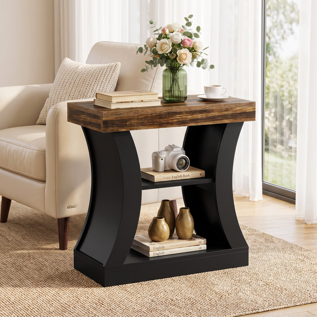 60cm Narrow Side Table, 3-Tier Modern End Table with Storage for Living Room Bedroom