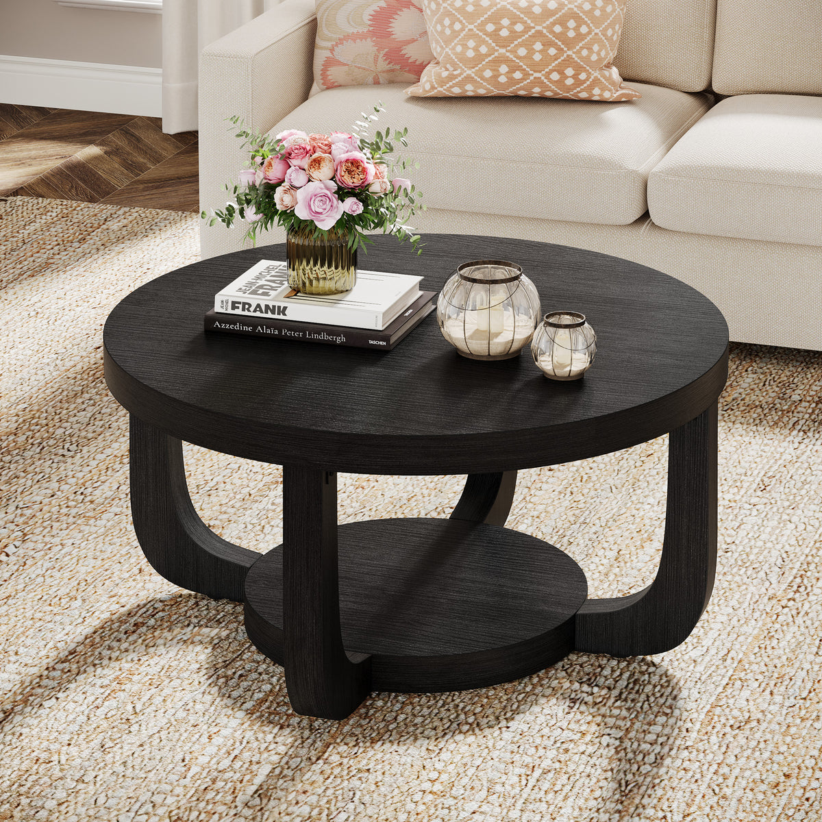 80cm Round Coffee Table, 2-Tier Storage Coffee Table for Living Room & Bedroom