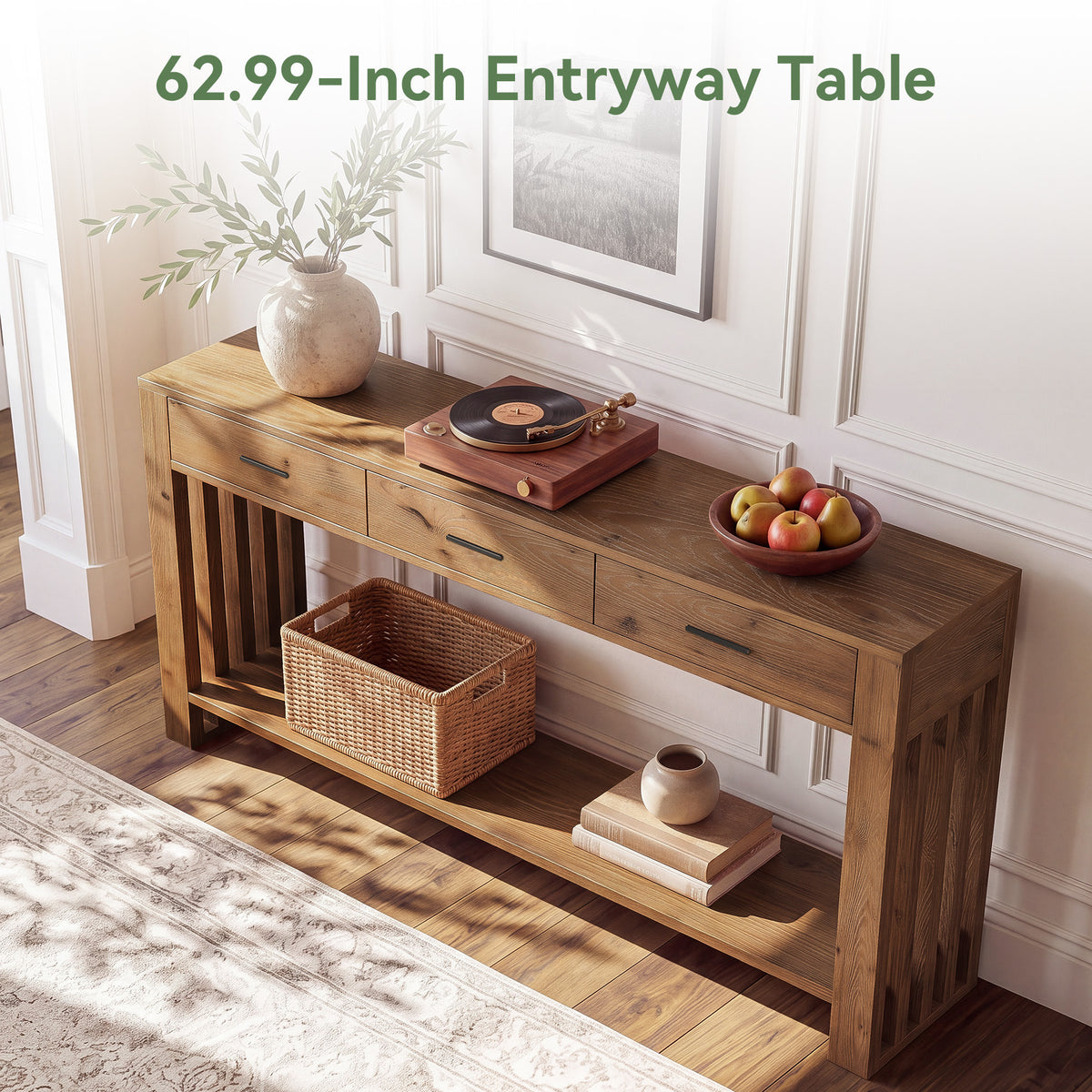 160cm Console Table, Solid Wood 3-Drawer 2-Tier Narrow Farmhouse Entryway Table