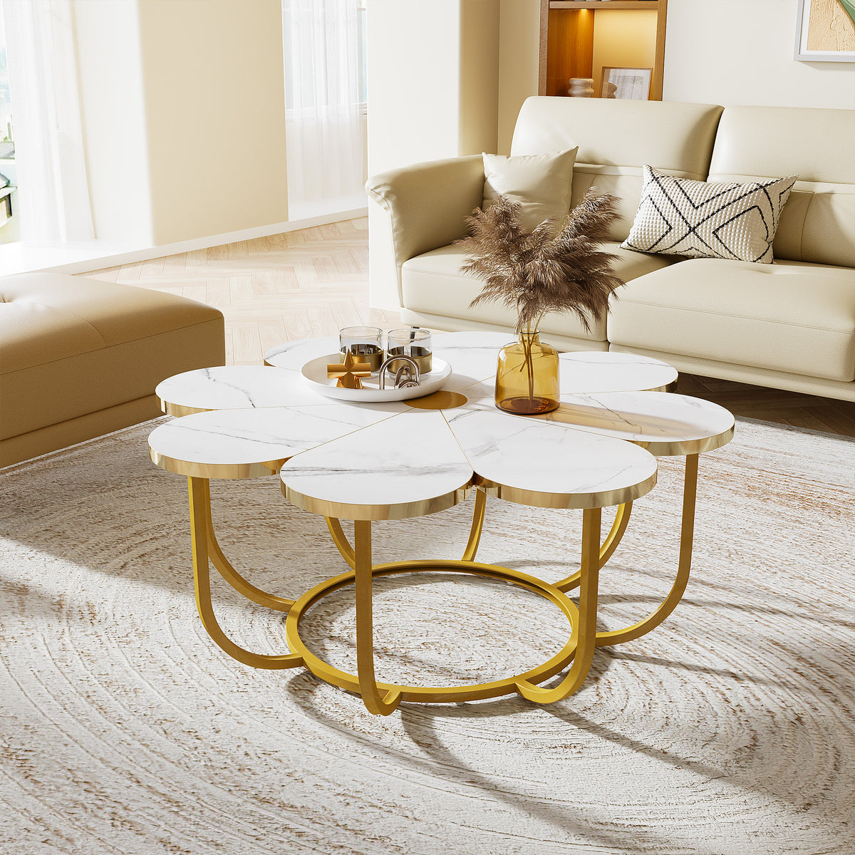 100cm White Coffee Table, with Gold Floral Legs and Faux Marble Top