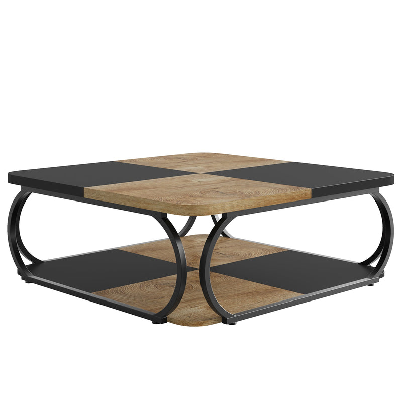 100cm Square Coffee Table , Modern Central Cocktail Table with 2-Tier Storage for Living Room