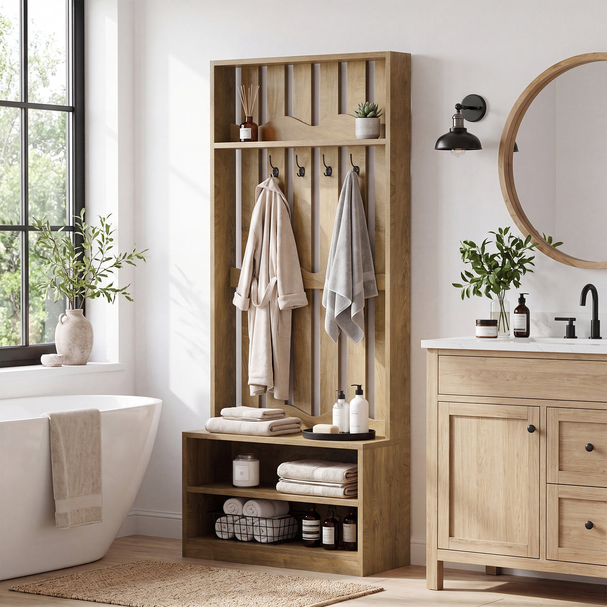 182cm Hall Tree, Farmhouse Entryway Storage with Bench & 4 Coat Hooks