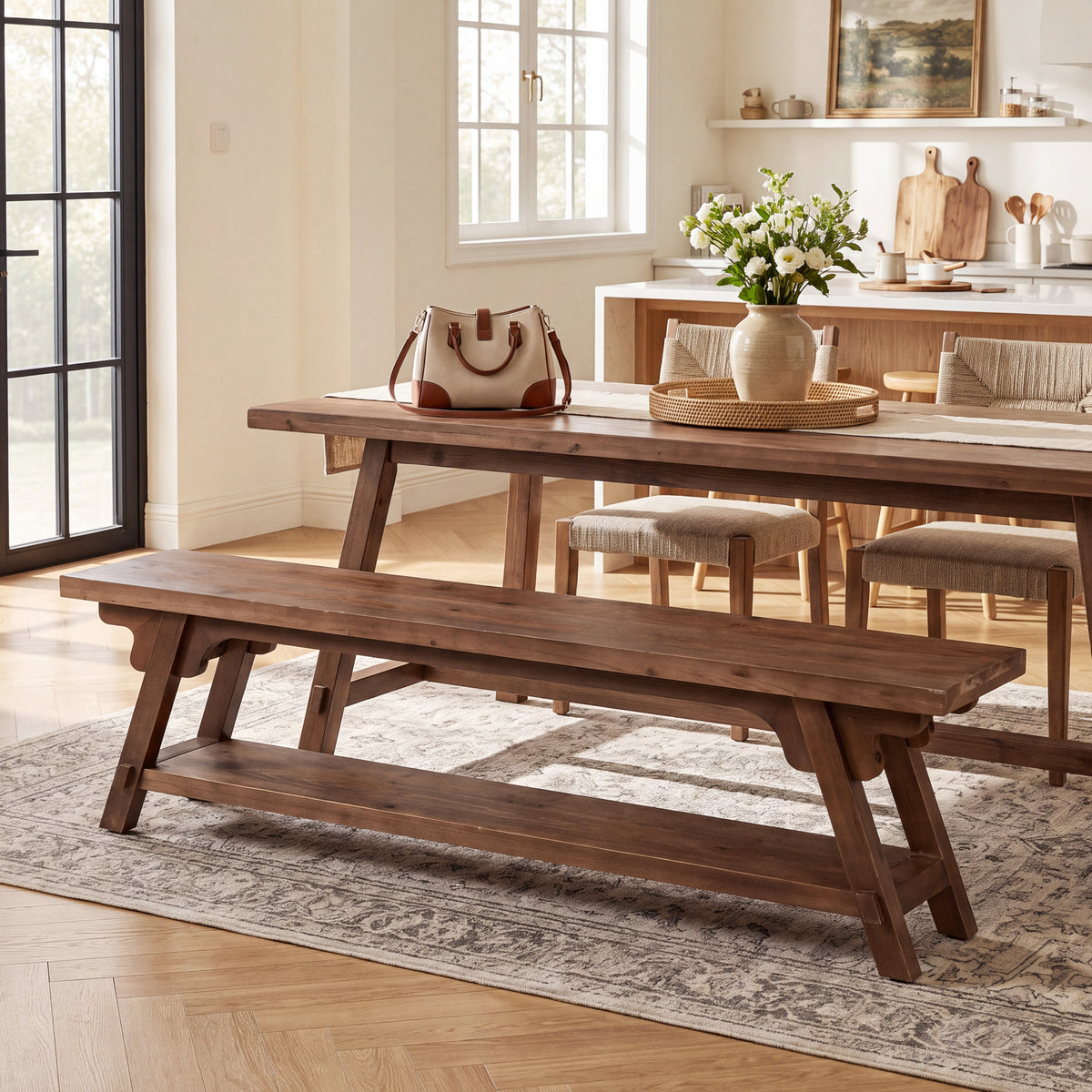 160cm Entryway Bench, Solid Wood 2-Tier End of Bed Bench
