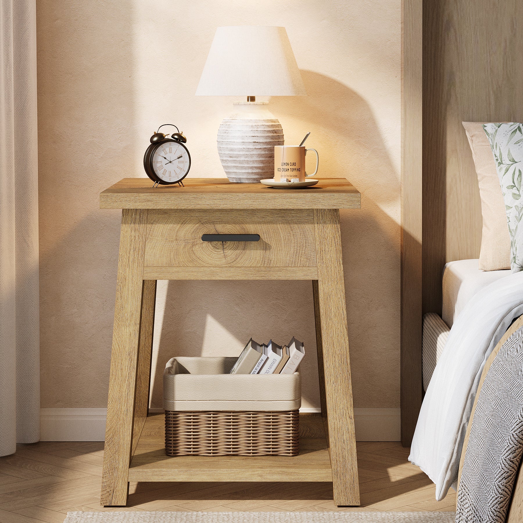 End Table with Drawer, 2 -Tier Wooden Side Table with Shelf Storage