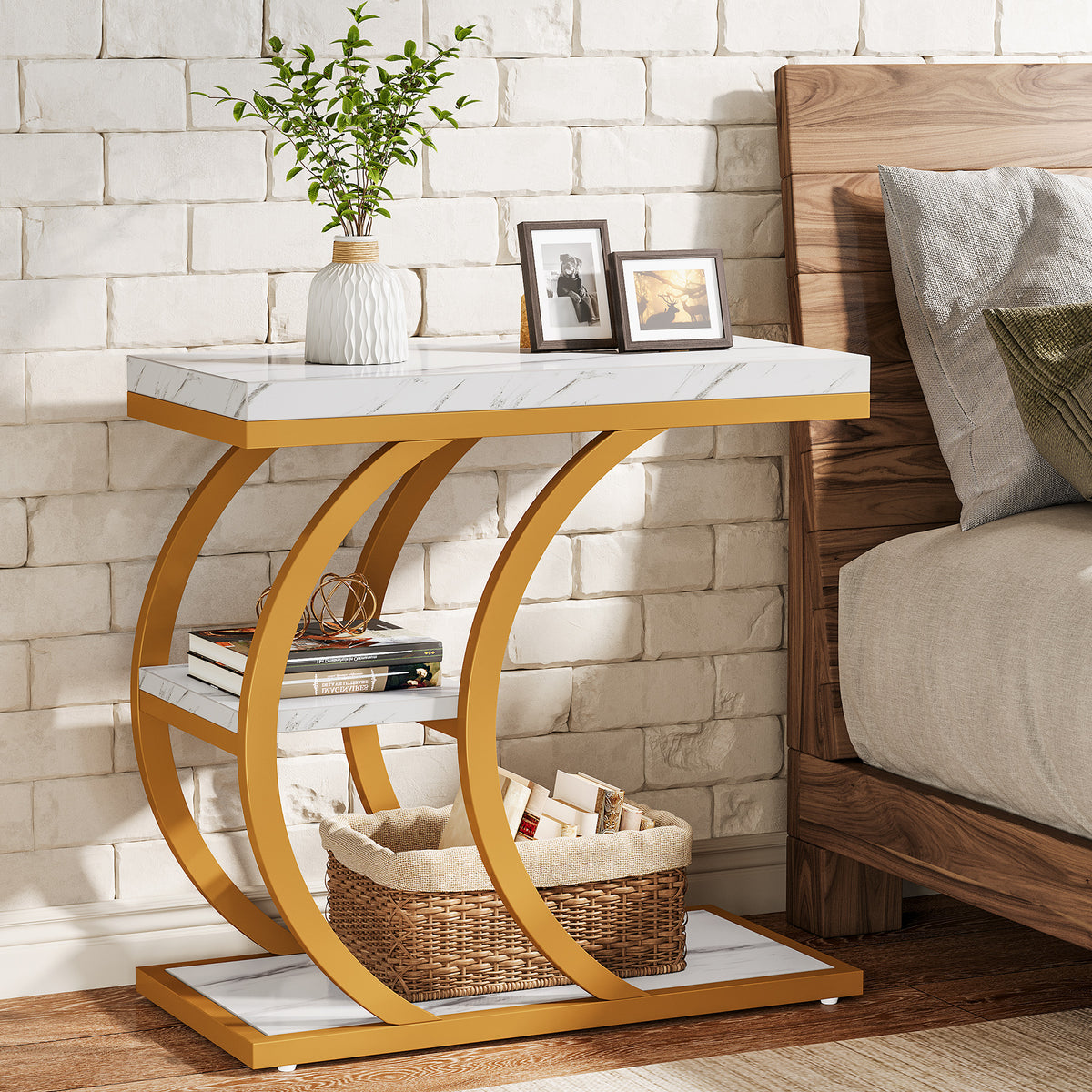 60cm End Table, 3-Tier Couch C-Shaped Side Table with Storage