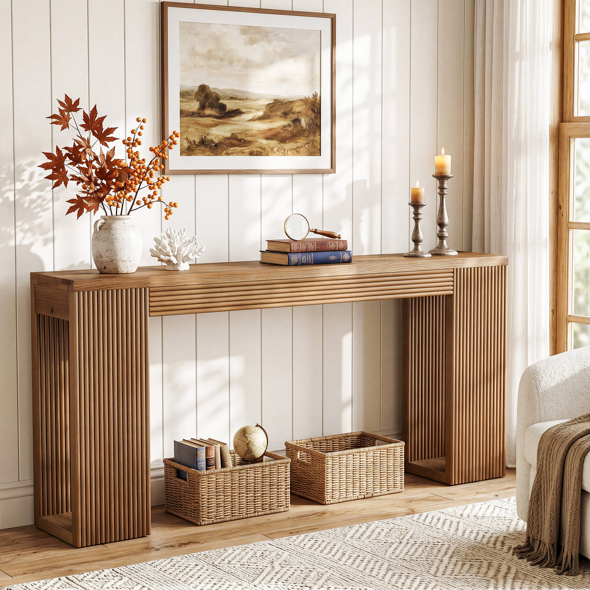 160cm Console Table, Solid Wood Narrow Hallway Table with Ribbed Legs