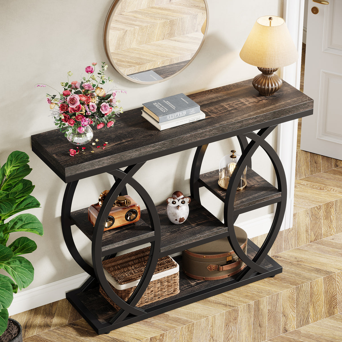 39.4" Console Table, 4-Tier Narrow Sofa Table with Metal Frame & Storage