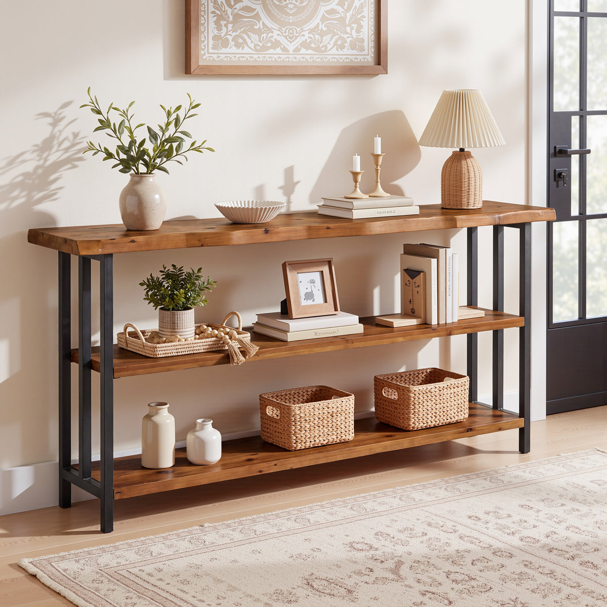 160cm Console Table, Solid Wood Live Edge 3-Tier Rustic Hallway Sofa Table