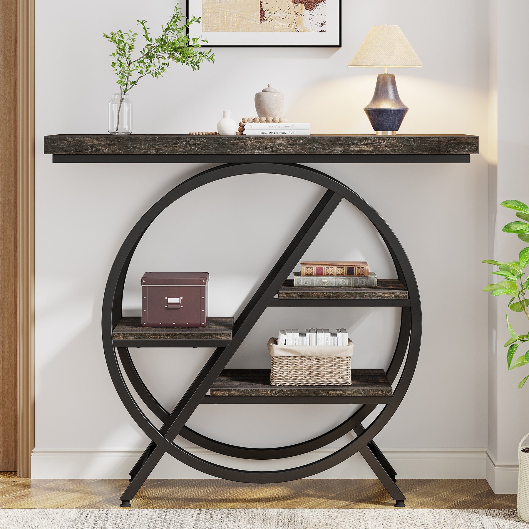 39.4" 4-Tier Console Table, Entryway Table with Geometric Metal Frame