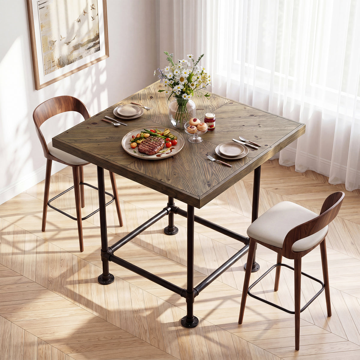 90cm Bar Table, Industrial Pub Table with Solid Wood Top for Home Bar Kitchen