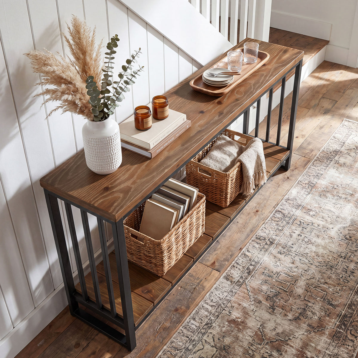140cm Console Table, Narrow Country Hallway Table with Metal Frame