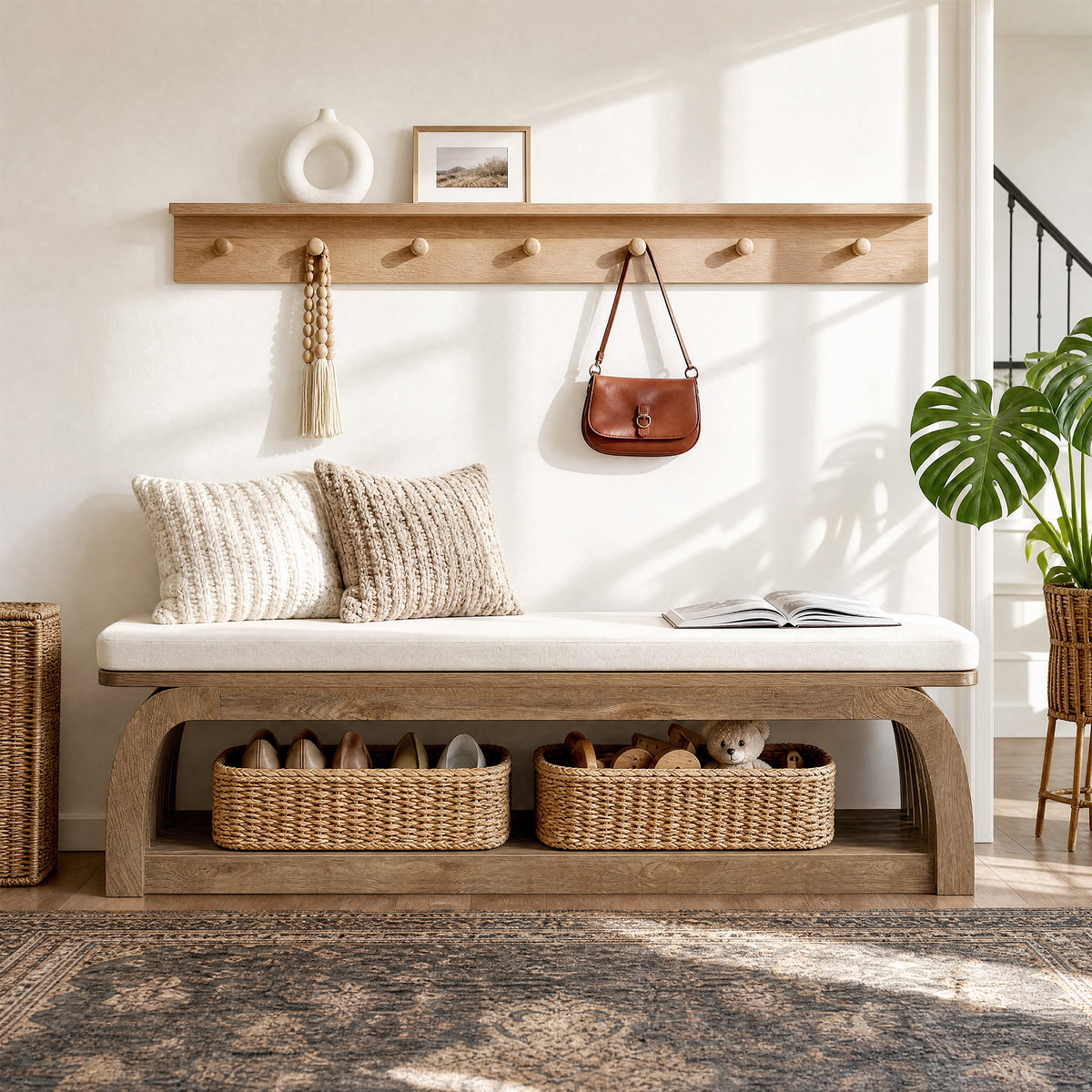 140cm Entryway Bench, Upholstered 2-Tier Shoe Storage with Hollow Legs for Hallway