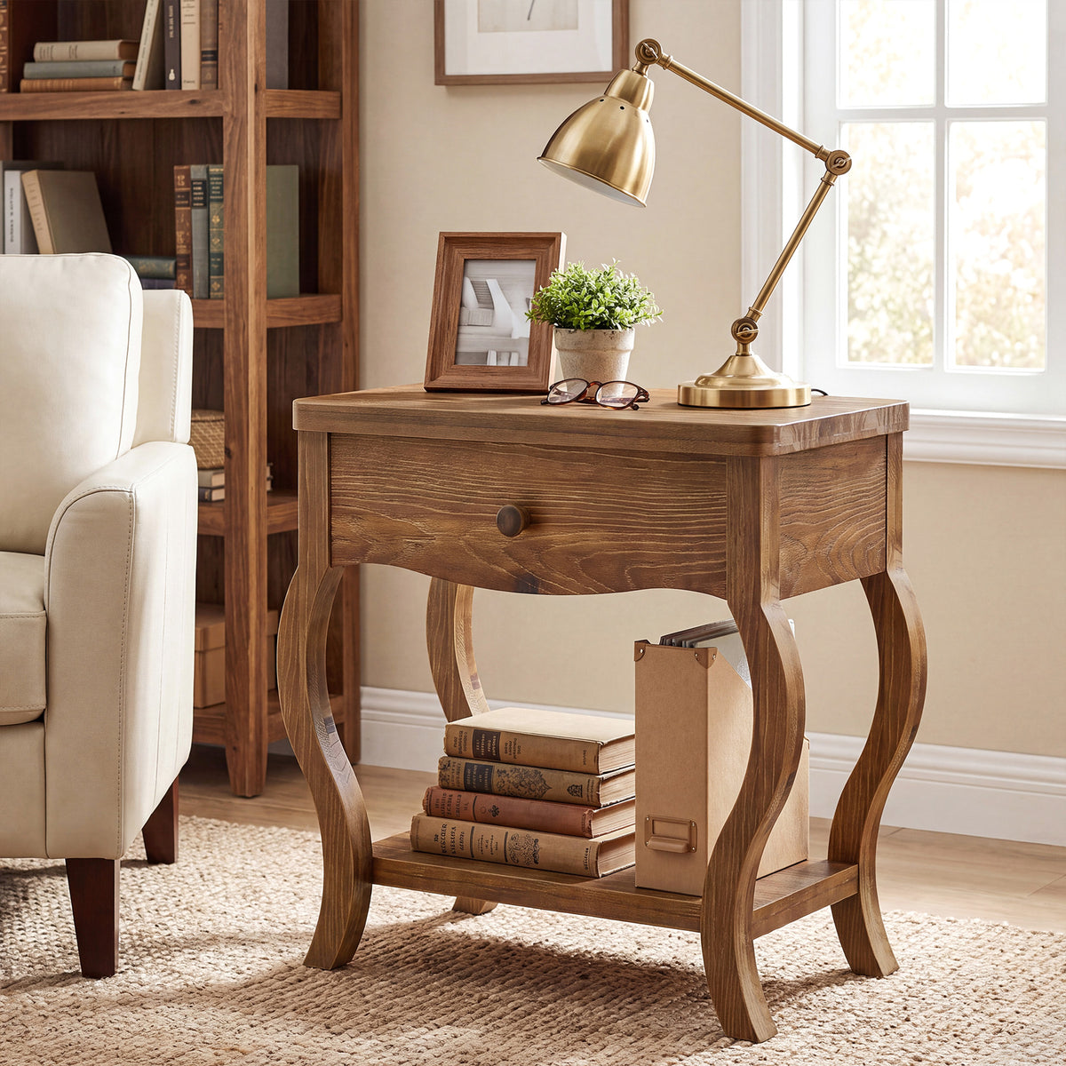 61cm End Table, Rustic Solid Wood Tall Side Table with Drawer for Living Room