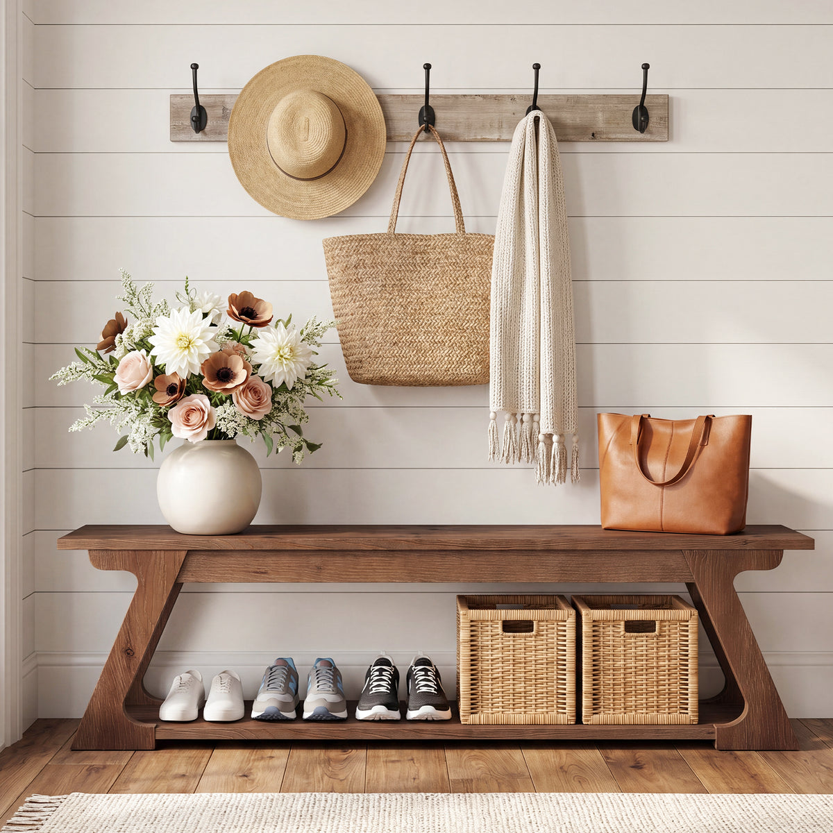 150cm Entryway Bench, Solid Wood Farmhouse Storage Bench for Hallway Living Room