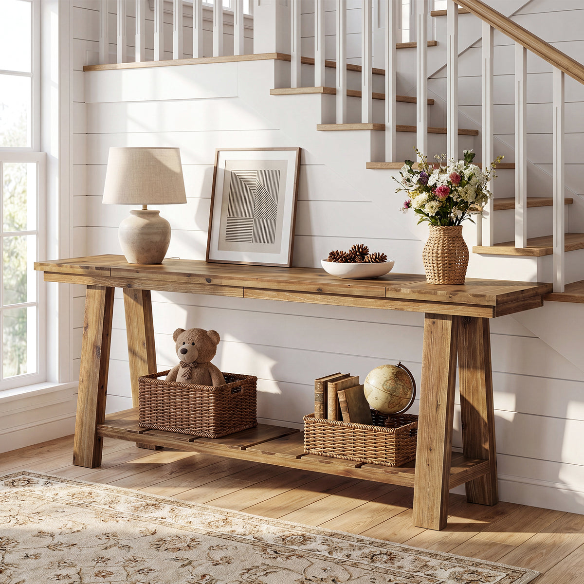 200cm Console Table, Long Farmhouse Entryway Table with 2-Tier Storage Shelf