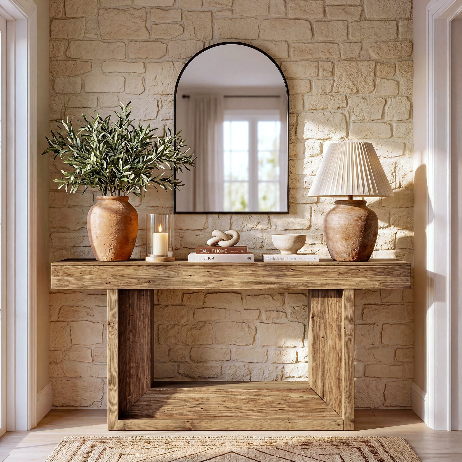 160cm Solid Wood Console Table with U-Shaped Base, Farmhouse Narrow Entryway Table with Open Storage Shelf