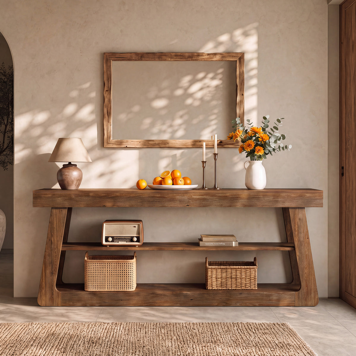 160cm Console Table, Solid Wood 3-Tier Entryway Table with A-Shaped Frame