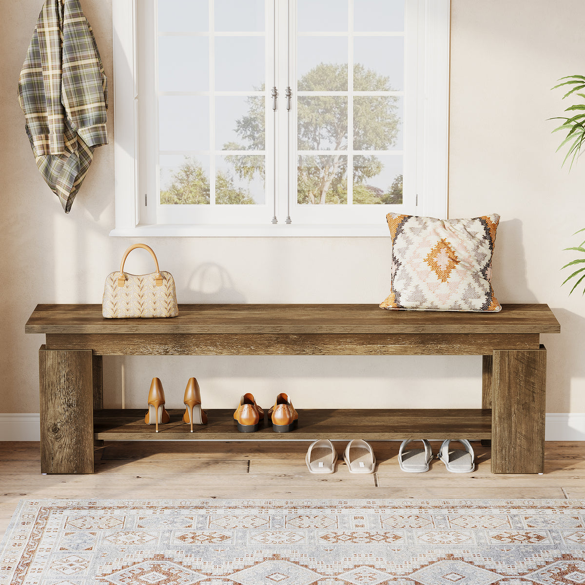 Tribesigns 160cm Entryway Bench, Farmhouse Shoe Bench with Storage Shelf