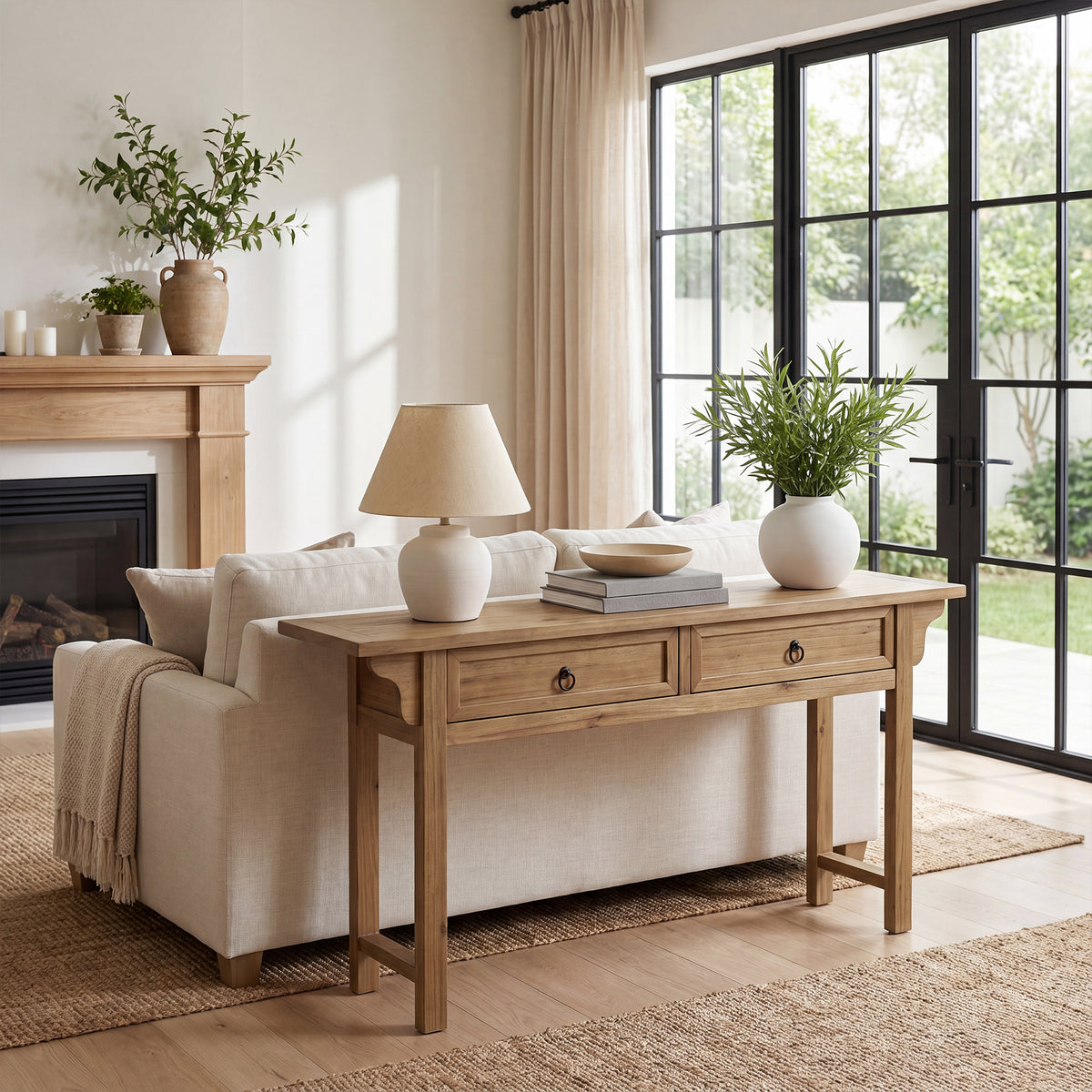 160cm Console Table, Solid Wood Narrow Hallway Table with 2 Drawers & Storage