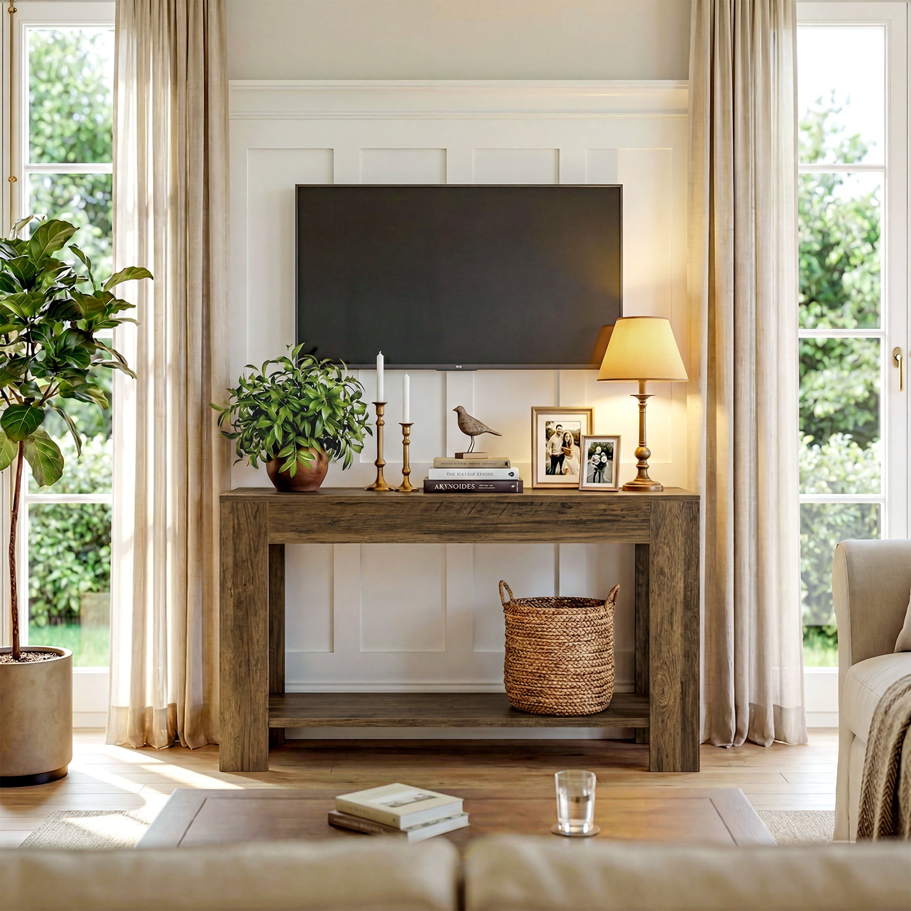 105cm Farmhouse Console Table with 2-Tier Shelf, Narrow Entryway Sofa Table with Storage