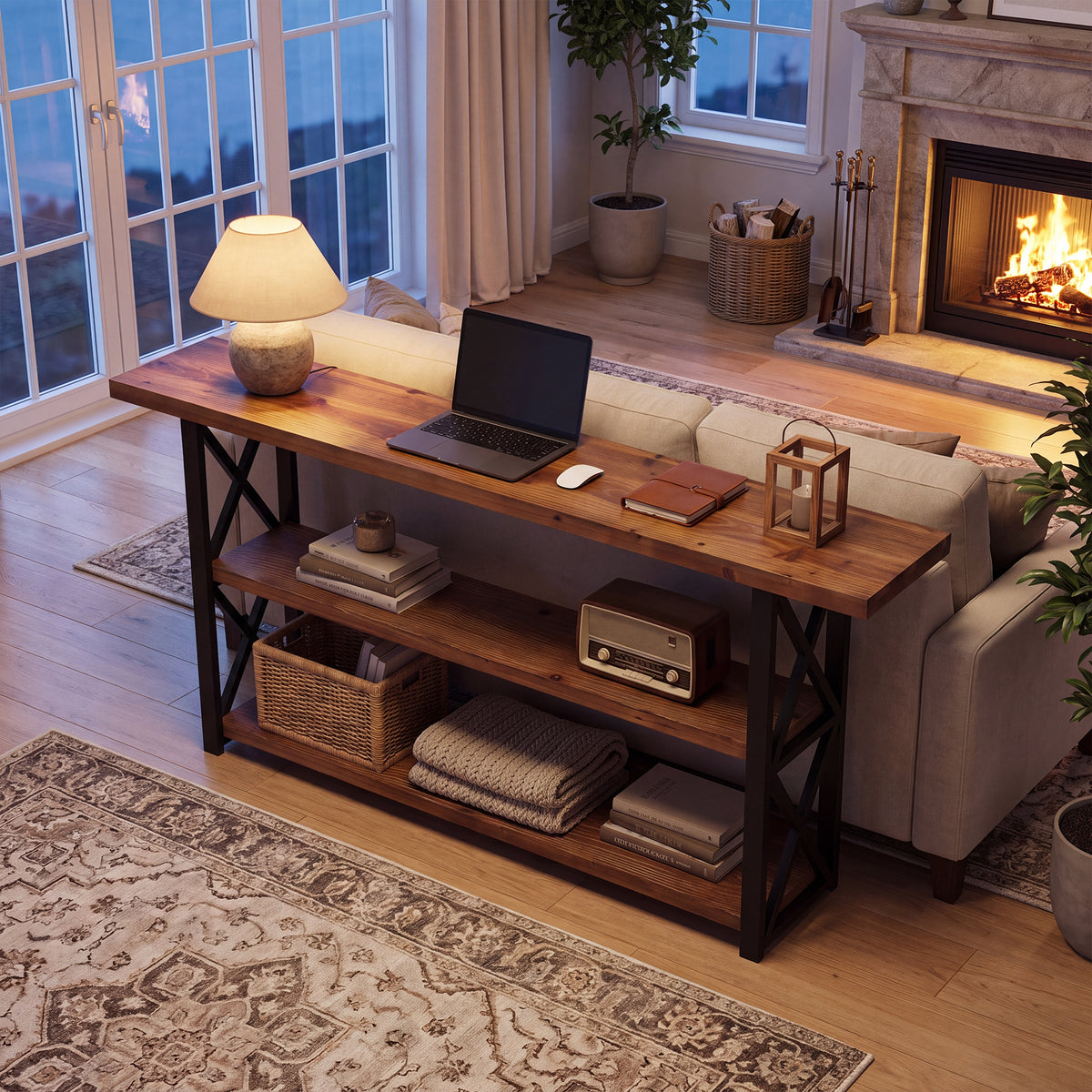 160cm Console Table, 3-Tier Solid Wood Narrow Sofa Table