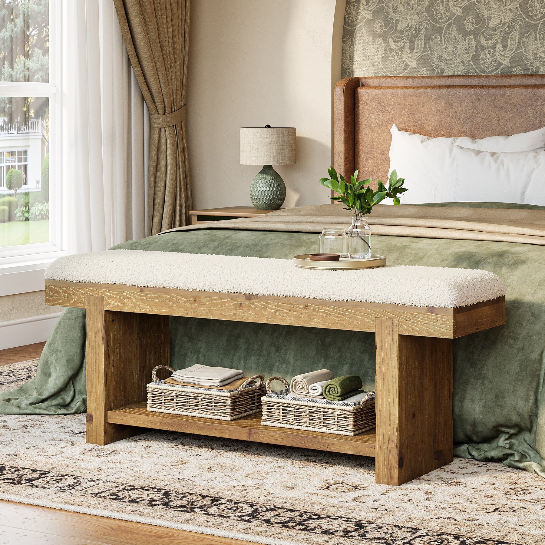 47.2" Solid Wood Farmhouse Bench, Upholstered Storage for Entryway