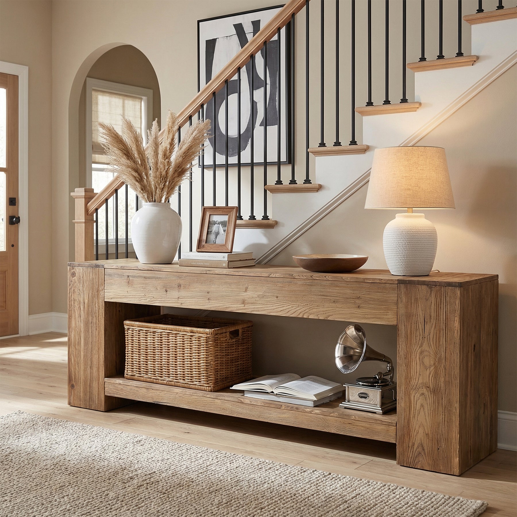 160cm Console Table, Solid Wood Entryway Table with Shelf for Hallway