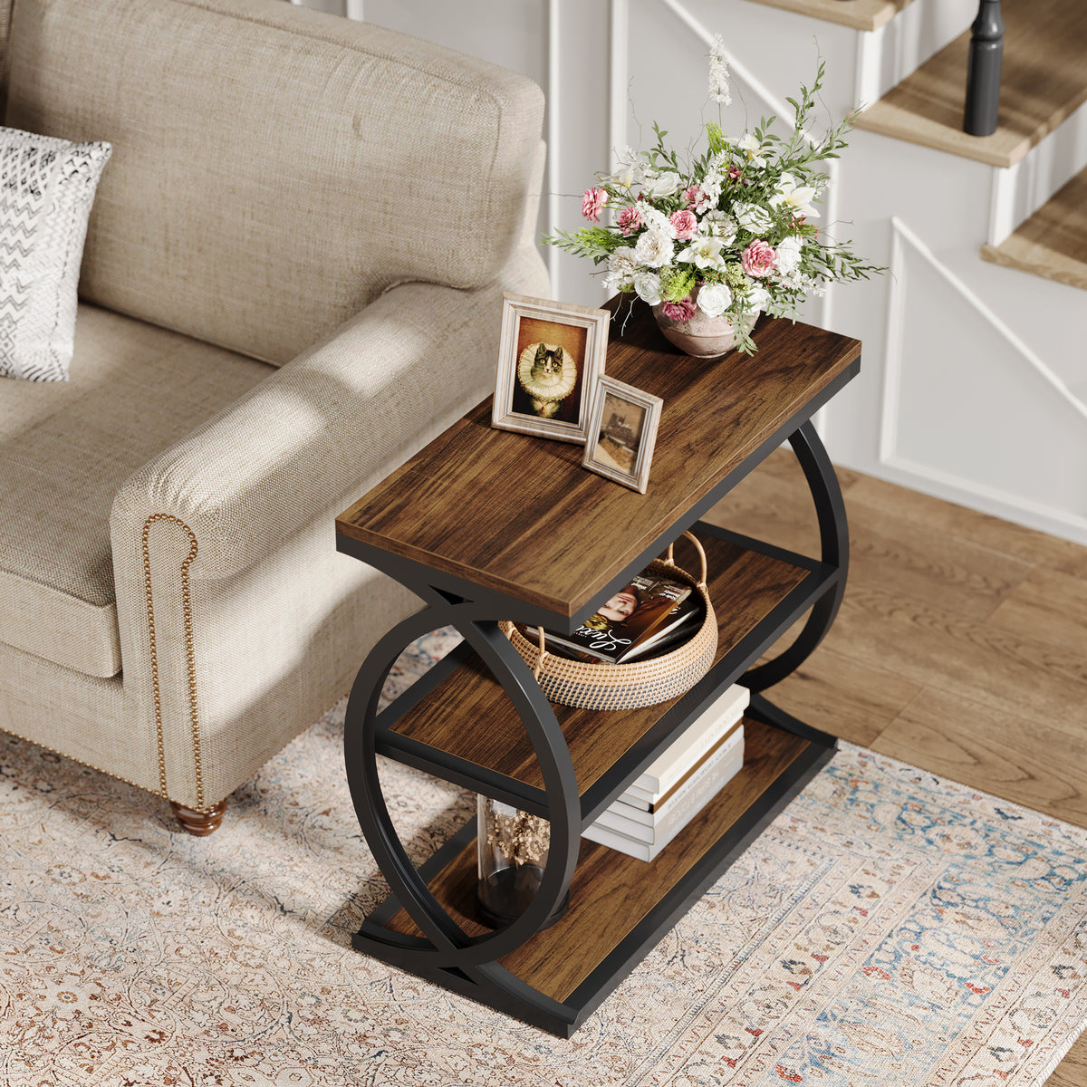60cm Narrow Side Table, 3-Tier Industrial Wooden Nightstand for Small Spaces