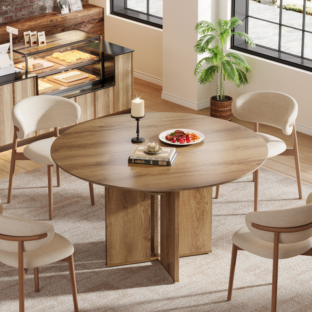 39.4" Round Dining Table, Farmhouse Kitchen Table with Storage Shelf and X-Shape Base