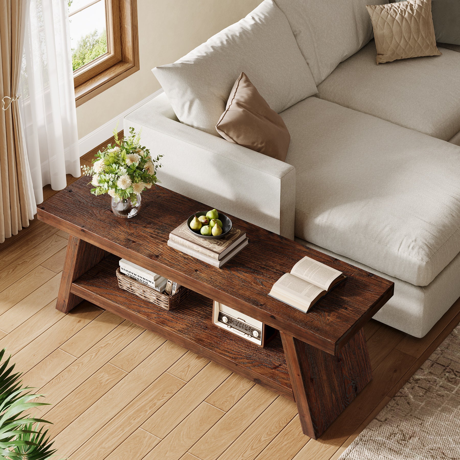 120cm 2-Tier Solid Wood Entryway Bench with Open Storage, Wooden Shoe Bench for Hallway & Foyer