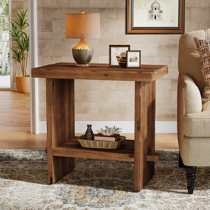 60cm Side Table, 2-Tier Solid Wood Compact Nightstand for Living Room