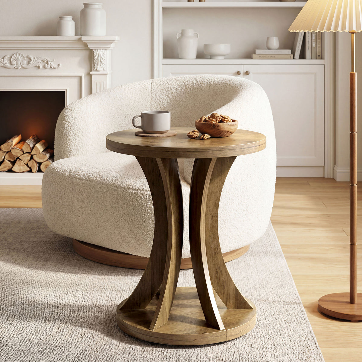45cm Round Side Table, Farmhouse Curved End Table for Living Room