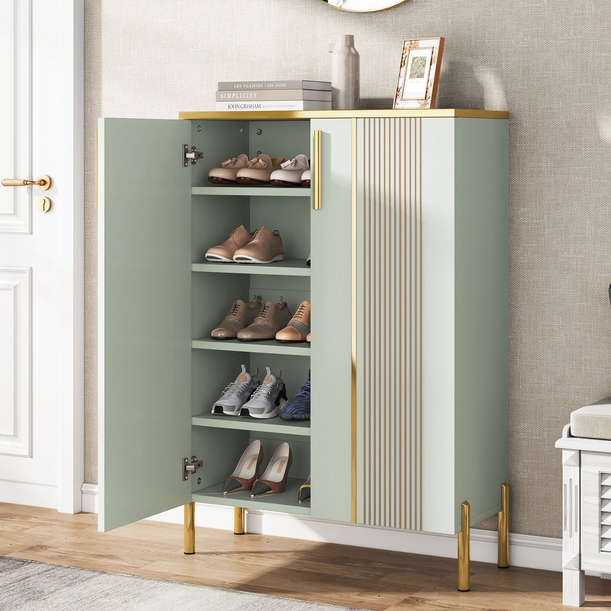 100cm Shoe Cabinet, White 6-Shelf Storage Cabinet with Gold Accents