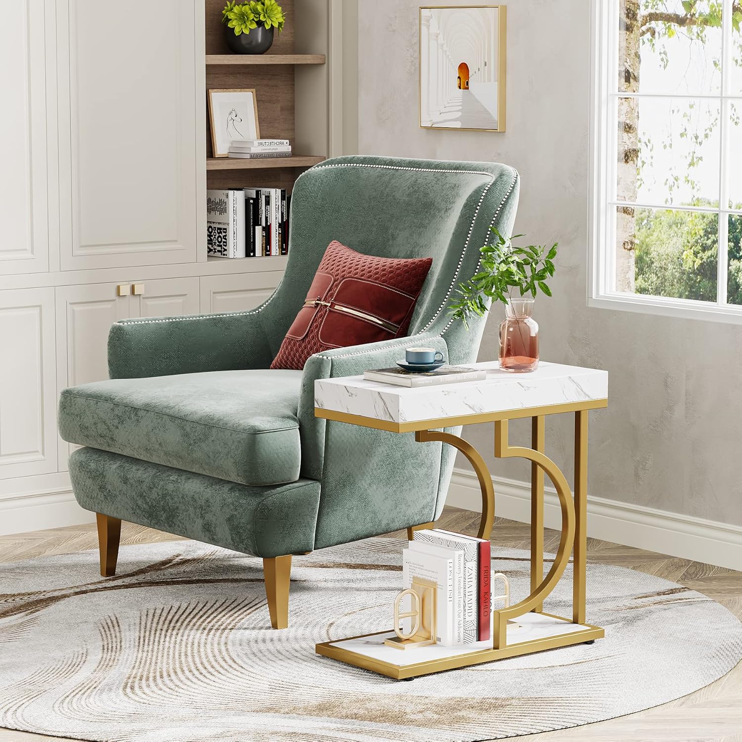 24" Modern C-Shaped Side Table, White & Gold Narrow End Table with Metal Frame