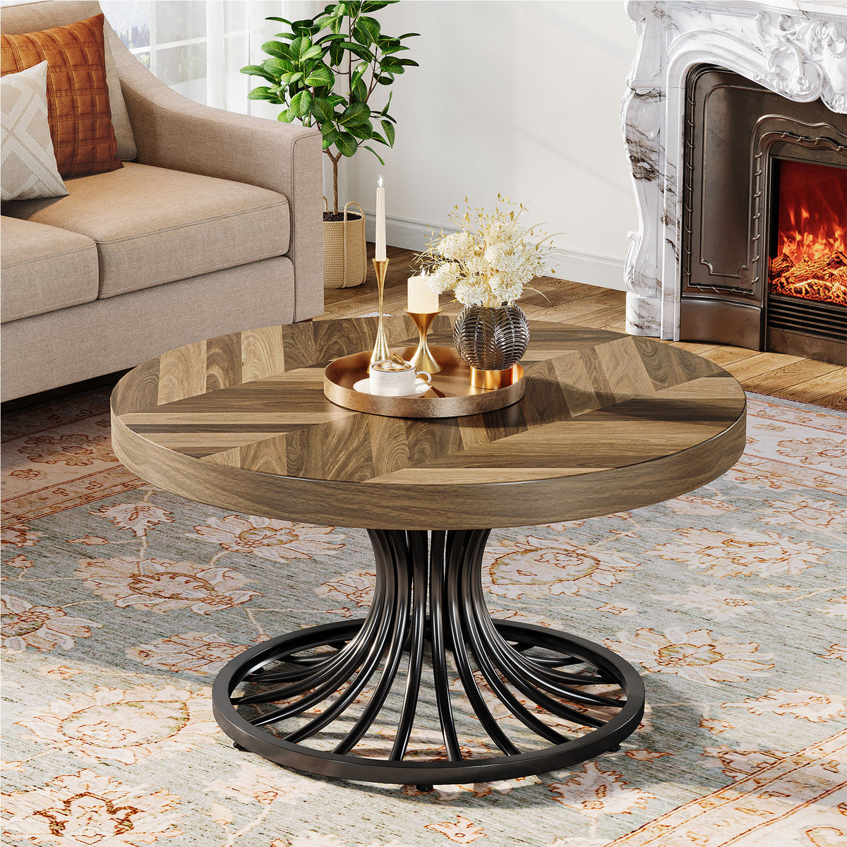 79cm Round Coffee Table, Rustic Wood Top with Metal Base for Living Room