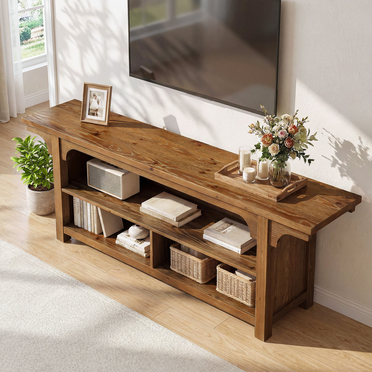 160cm TV Stand, Solid Wood Media Console with 3 Open Shelves for TVs up to 70"