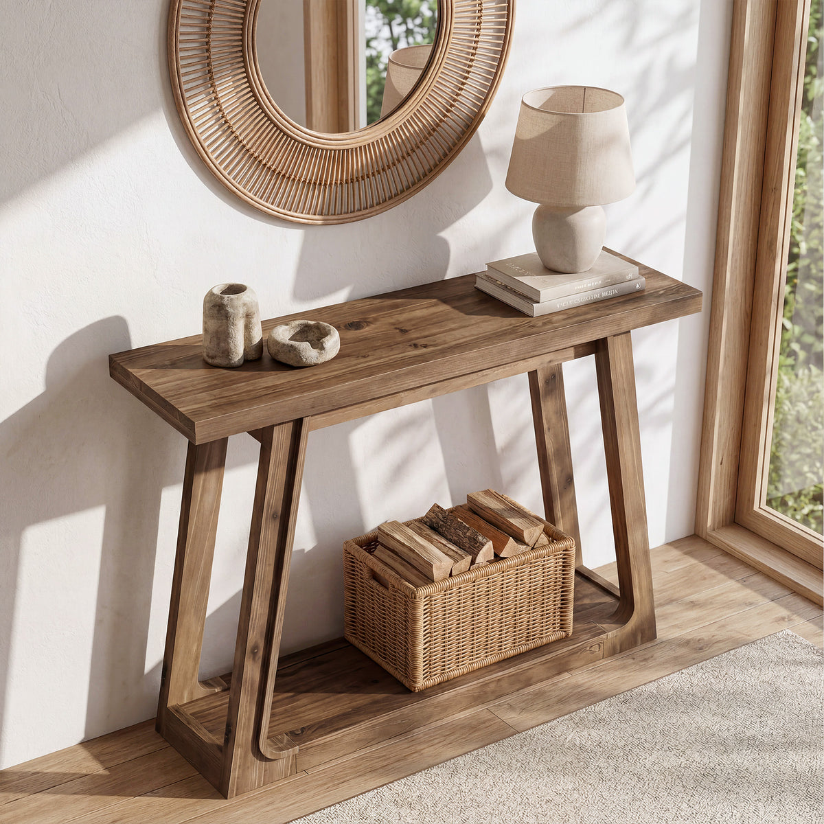 105cm Console Table, Solid Wood 2-Tier Narrow Entryway Sofa Table for Hallway