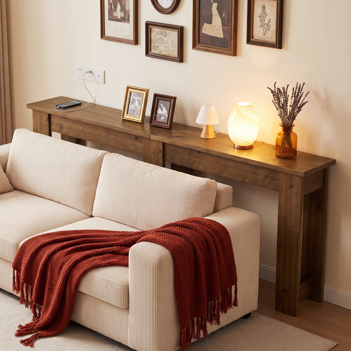 200cm Console Table, Extra Long Solid Pine Bench Table with 6 Legs