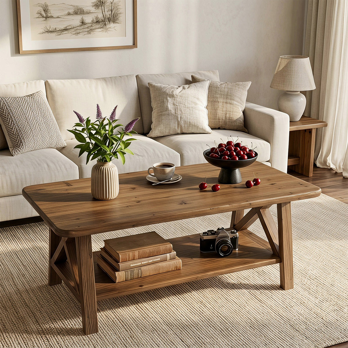 120cm Rectangular Coffee Table, Country Solid Wood with Storage Shelf for Living Room